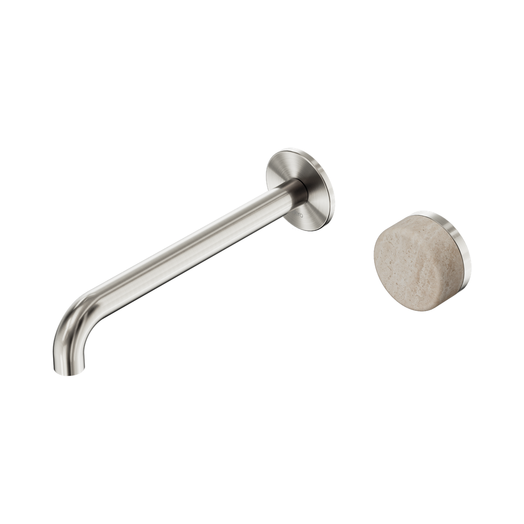 Nero Serenity Progressive Wall Basin Mixer 220Mm Spout Brushed Nickel - Rome Travertine Handle