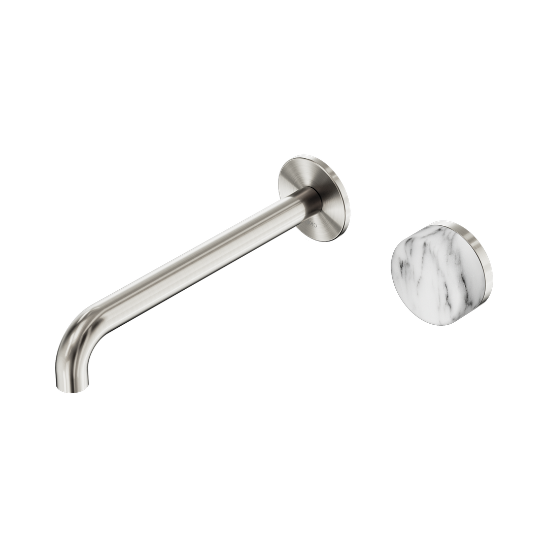 Nero Serenity Progressive Wall Basin Mixer 220Mm Spout Brushed Nickel - Arabescato Corchia Handle