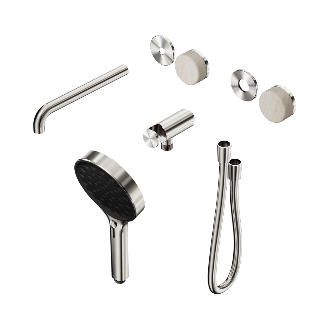 Nero Serenity Progressive Shower - Spout Brushed Nickel Rome Travertine Handle & Serenity Hand Shower Trim Kit
