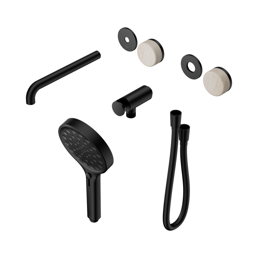 Nero Serenity Progressive Shower - Spout Matte Black Rome Travertine Handle & Serenity Hand Shower Trim Kit
