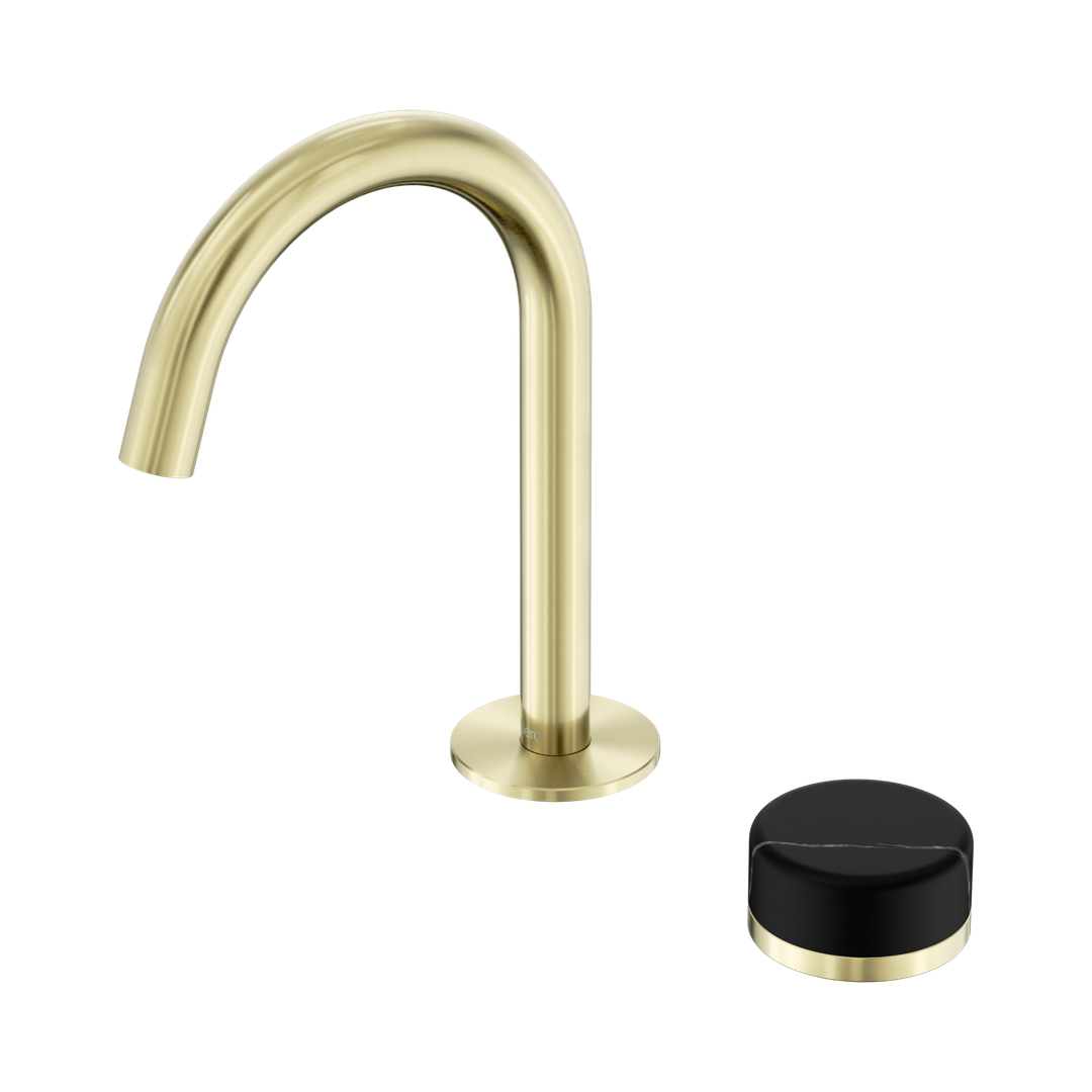 Nero Serenity Progressive Basin Mixer Arc Spout Brushed Gold - Marquina Black Handle