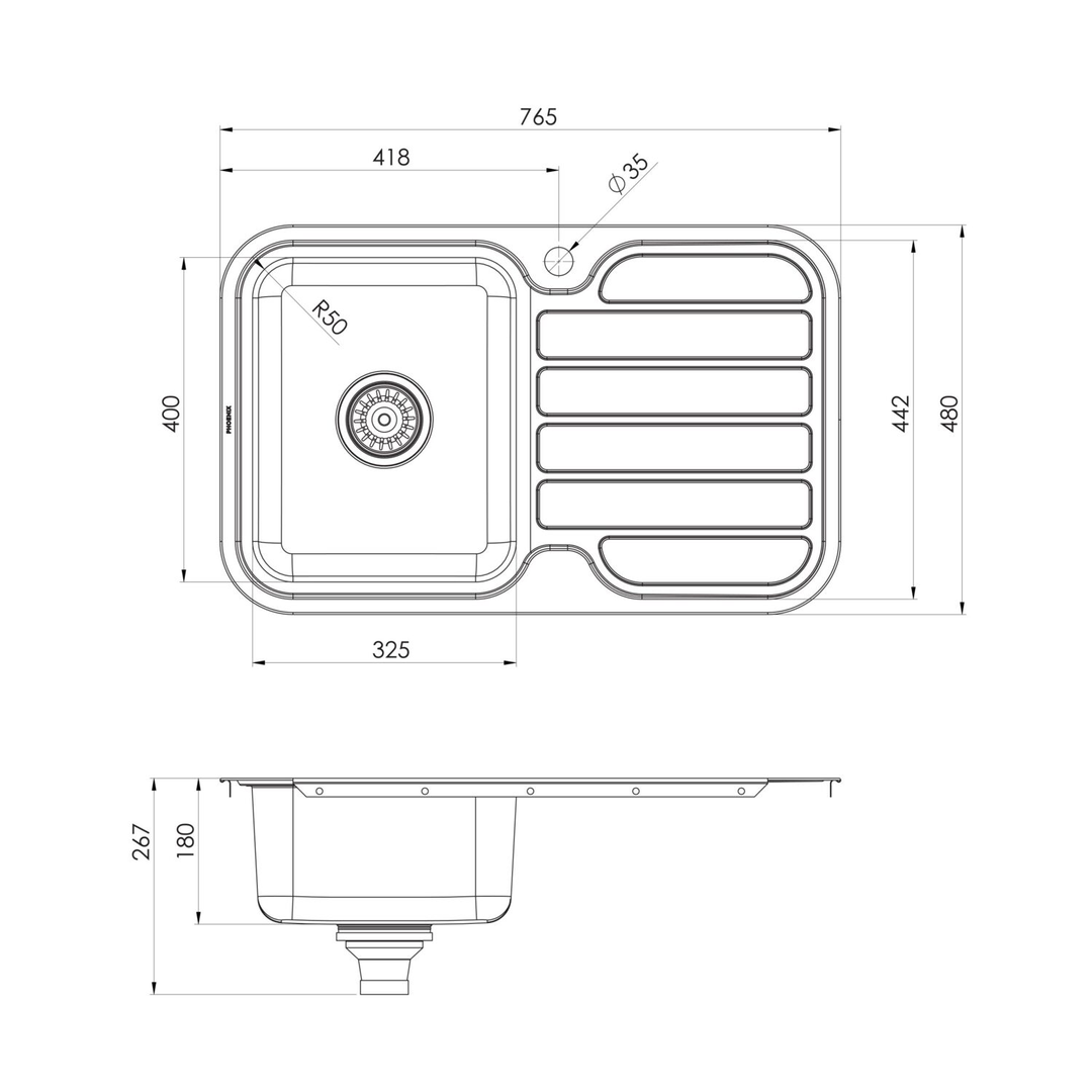 1000 Series Single L/H Bowl Phoenix Sink W/-Drainer W/-Hole