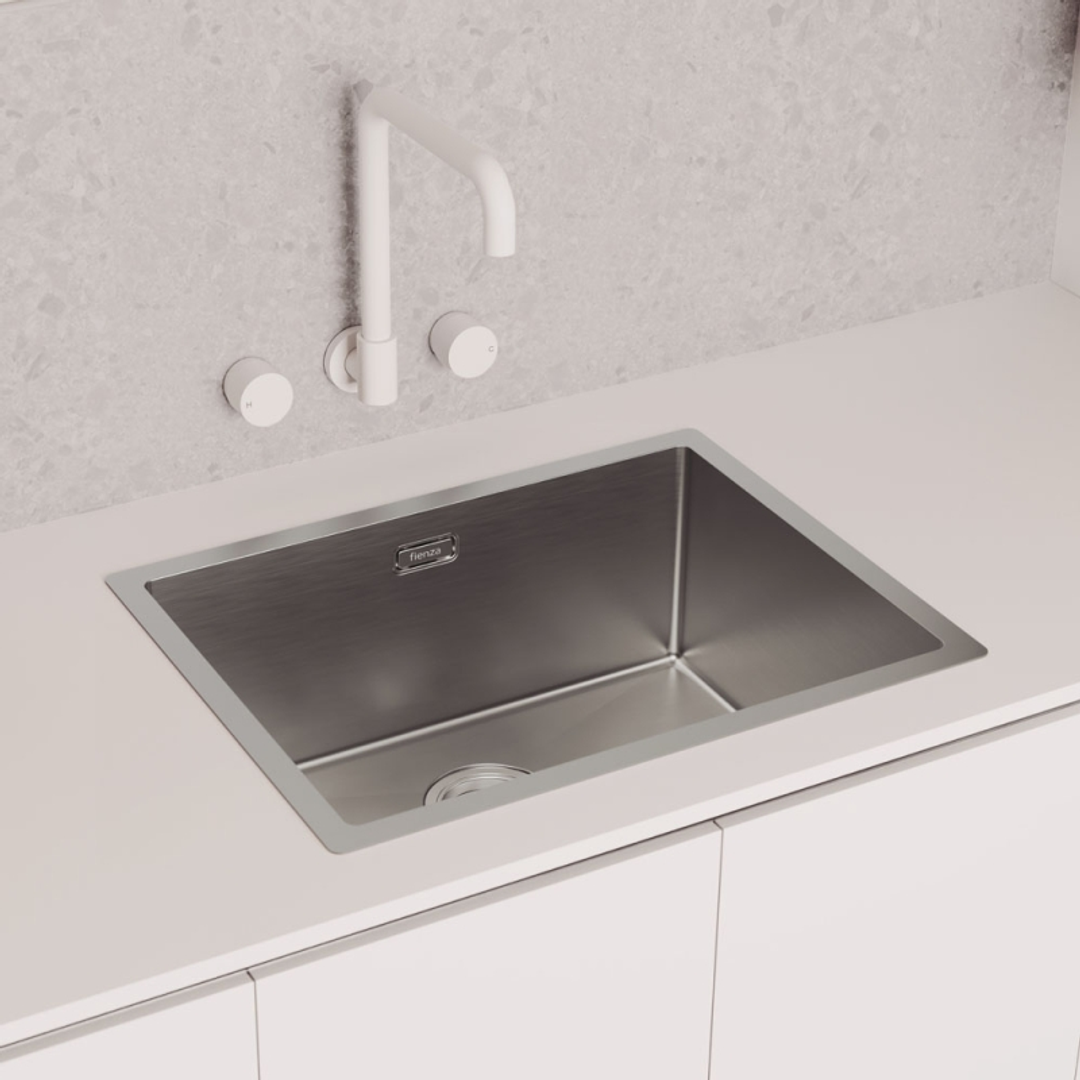 Fienza Kaya Round Taps Squareline Wall Outlet Set - Matte White Sus304 And Lf Brass