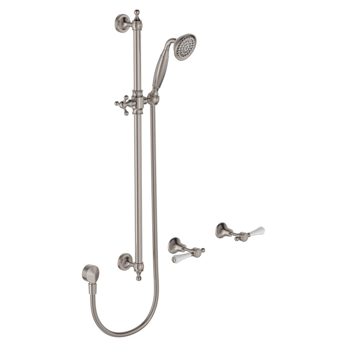 Fienza Lillian Lever Rail Shower Set - Brushed Nickel With Ceramic White Handle