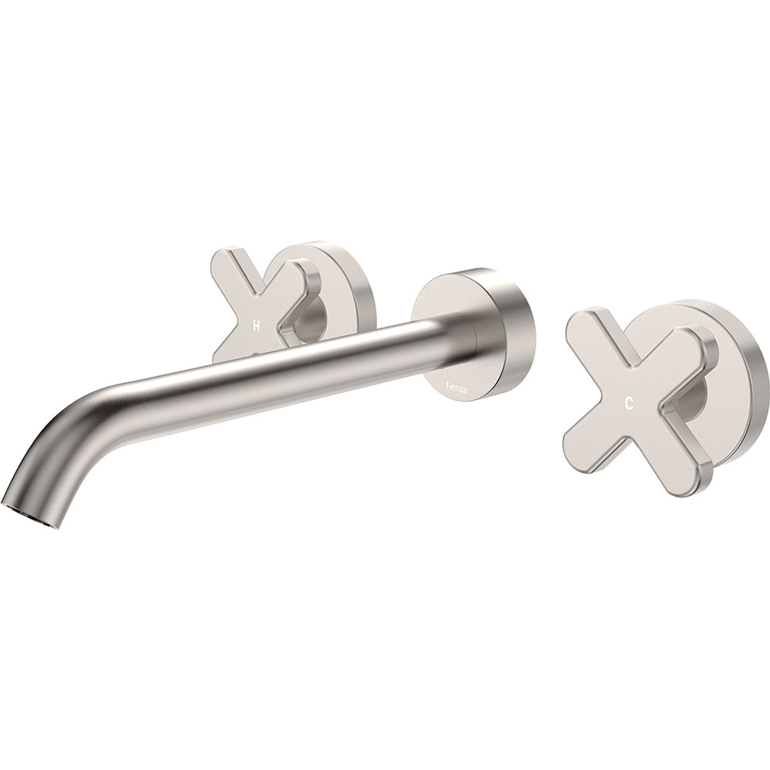 Fienza Kaya Cross Taps Wall Basin /Bath 220Mm Outlet Set - Brushed Nickel Lf