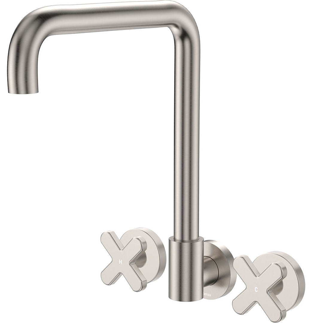 Fienza Kaya Cross Taps Squareline Wall Set - Brushed Nickel Lf Sus304 & Lf Brass
