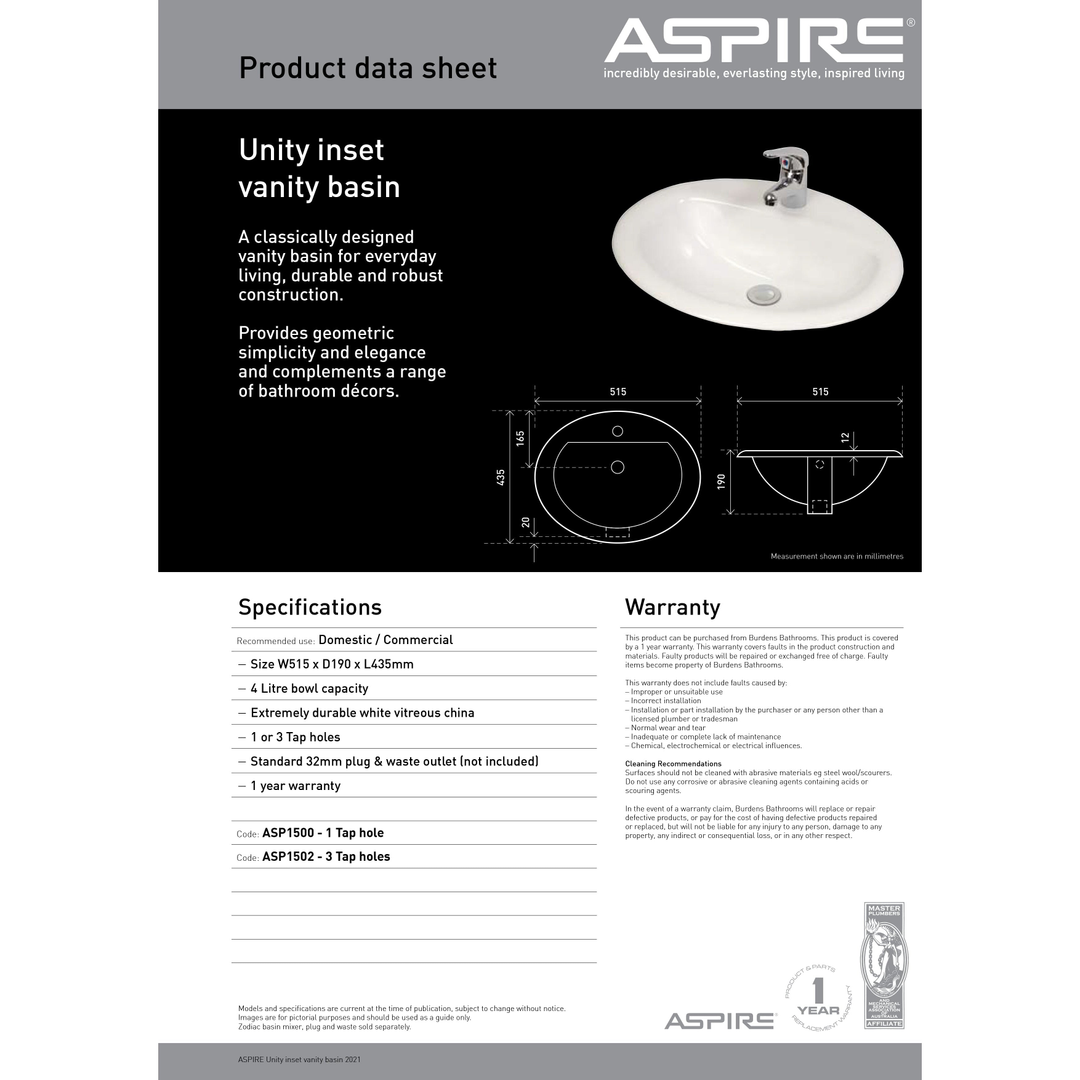 Aspire Unity Vanity Basin Inset 515 X 435 3 Tap Hole - White