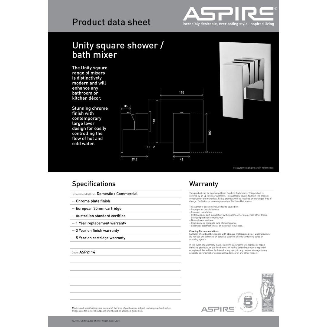Aspire Unity Square Shower/Bath Mixer - Chrome