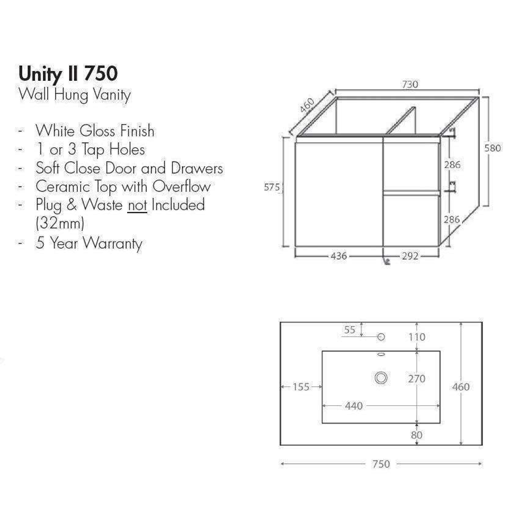 Aspire Unity II 750 Vanity 1 Tap Hole W/Hung C/W Sq Ceramic Top - White