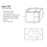 Aspire Unity II 750 Vanity 1 Tap Hole W/Hung C/W Sq Ceramic Top - White
