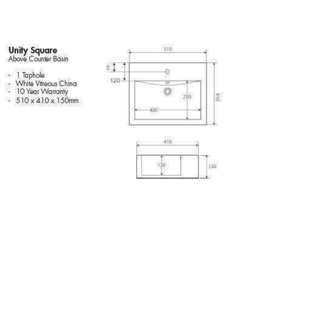 Aspire Unity Square Above Counter Basin - White 1 Tap Hole 510X410