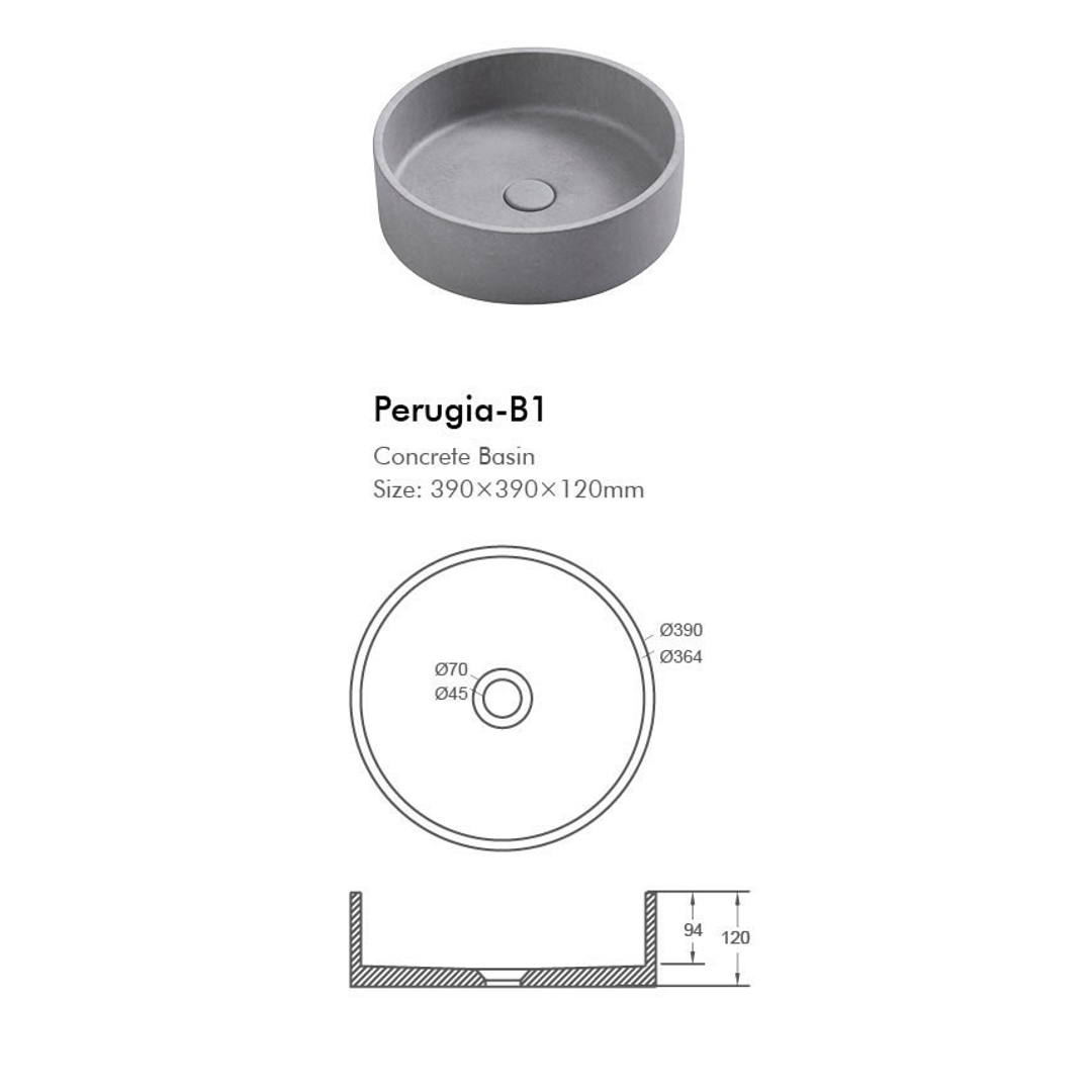 Perugia Concrete BNK Basin  390 X 390 X 120mm - Grey Mist