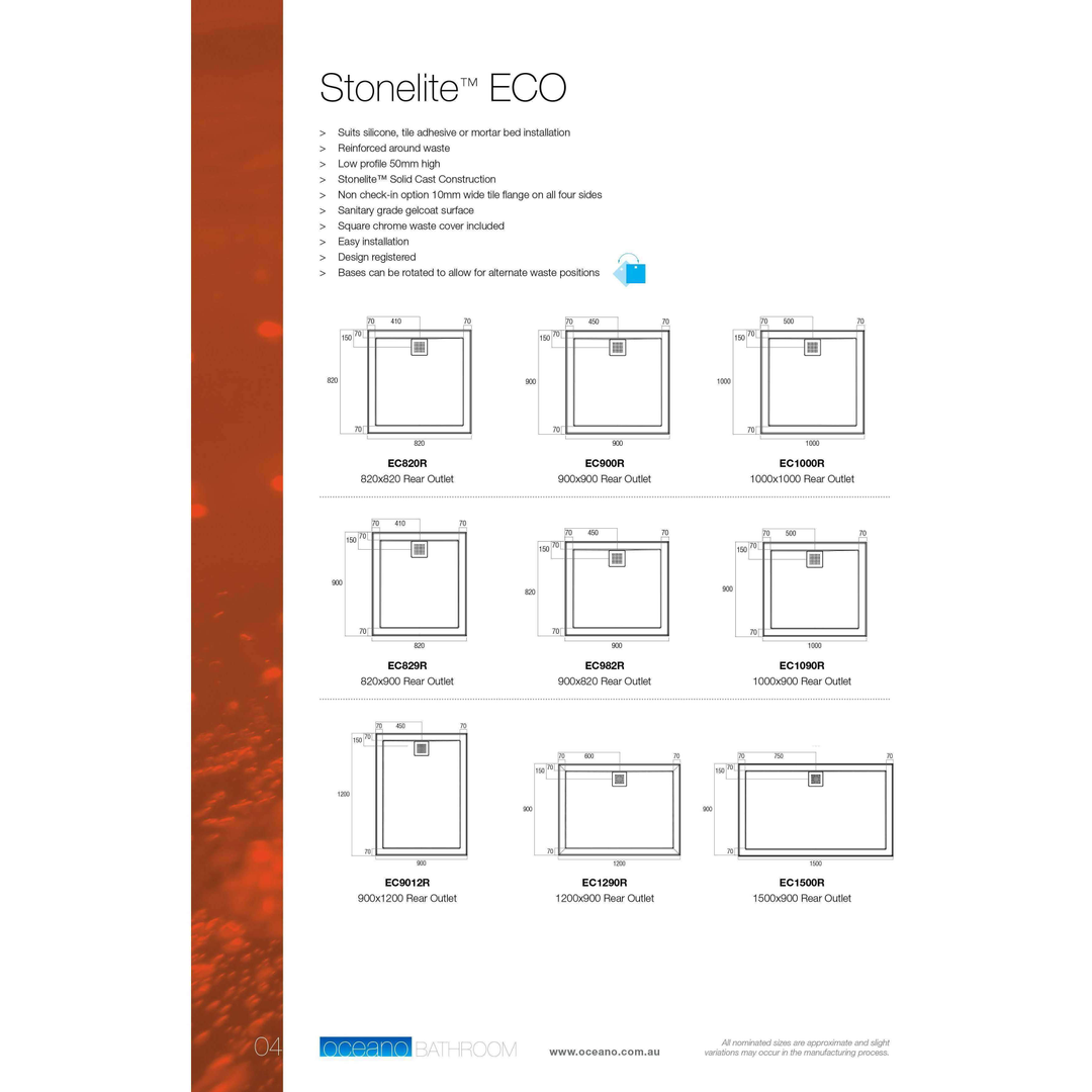 Stonelite Eco Oceano Base Rear Outlet Chrome Waste - 900 X 900