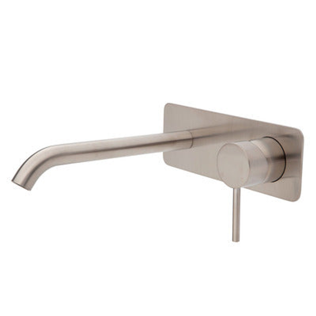 Fienza Kaya Basin/Bath Wall Mixer Set Soft Square Plates 200mm Outlet - Brushed Nickel/Brushed Nickel