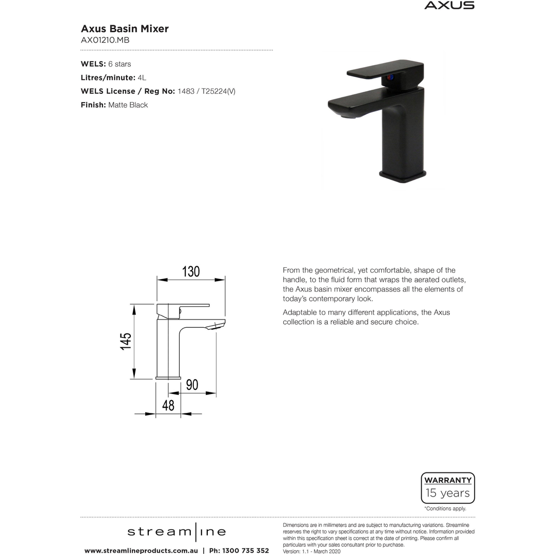 Axus Basin Arcisan Streamline Mixer - Matt Black