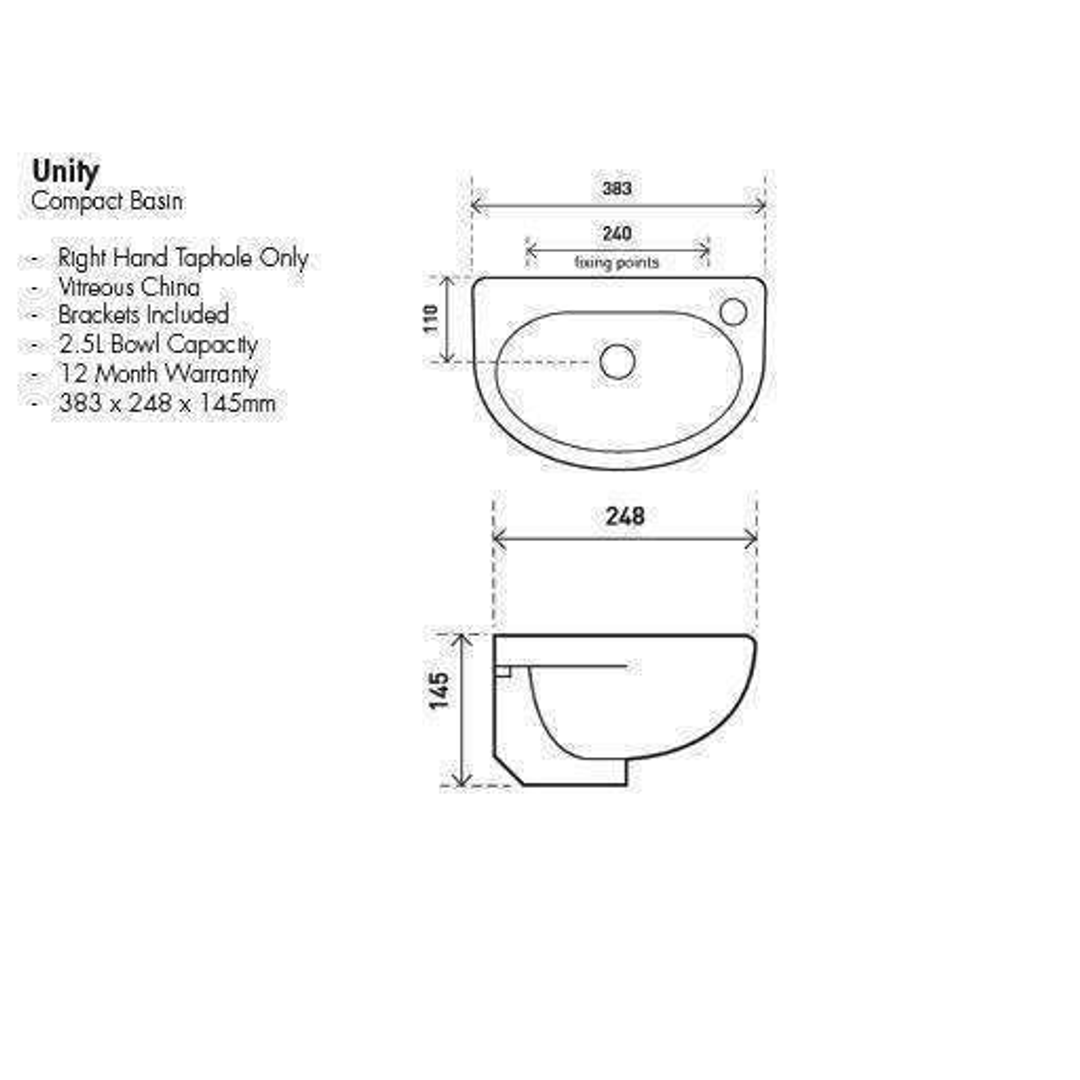 Aspire Unity Compact Wall Hung Basin 383X248 1 Tap Hole Rhs - White
