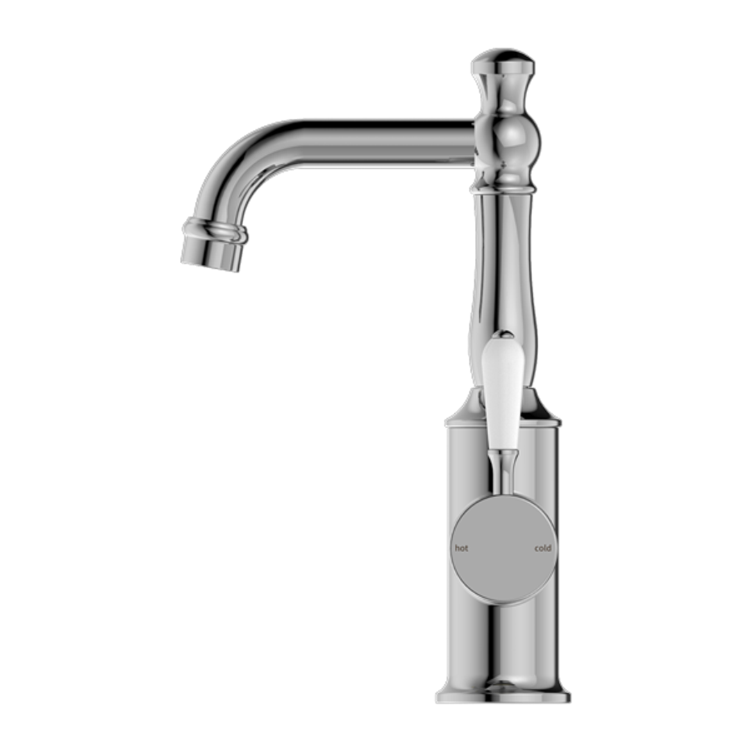 Nero York Basin Mixer With White Porcelain Handle - Chrome