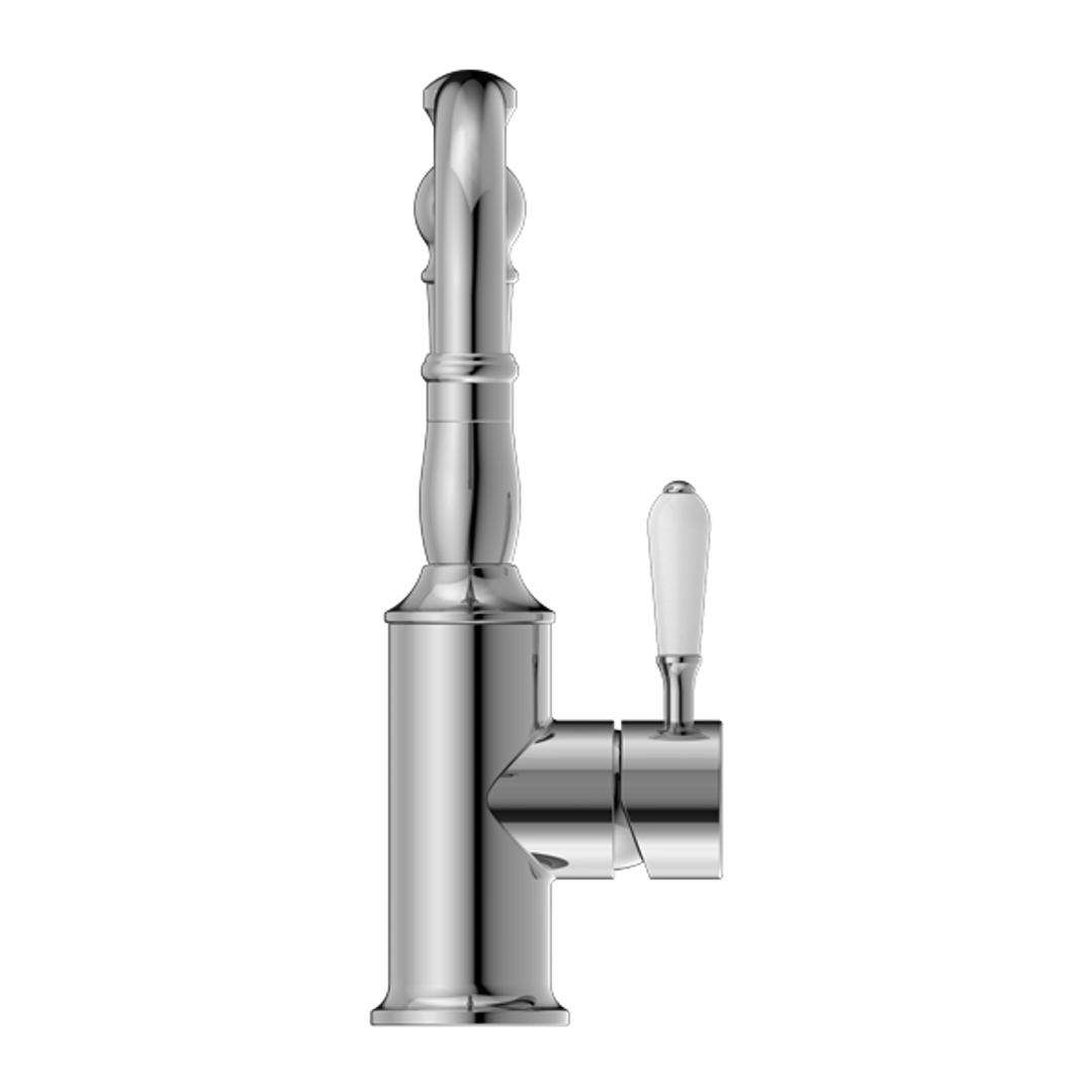 Nero York Basin Mixer White Porcelain Lever Hook Spout - Chrome