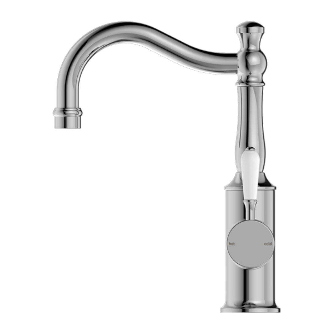 Nero York Basin Mixer White Porcelain Lever Hook Spout - Chrome