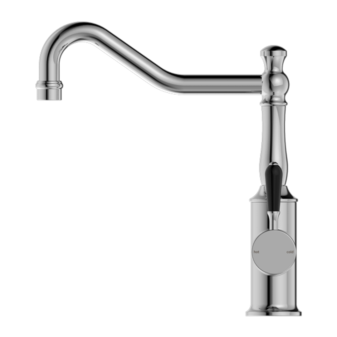 Nero York Kitchen Mixer Hook Spout With Black Porcelain Lever - Chrome