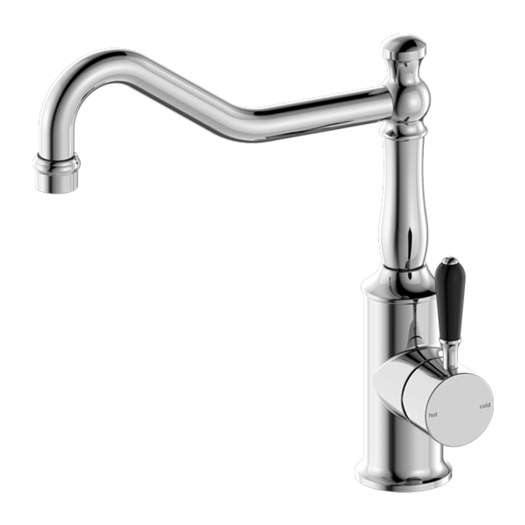 Nero York Kitchen Mixer Hook Spout With Black Porcelain Lever - Chrome