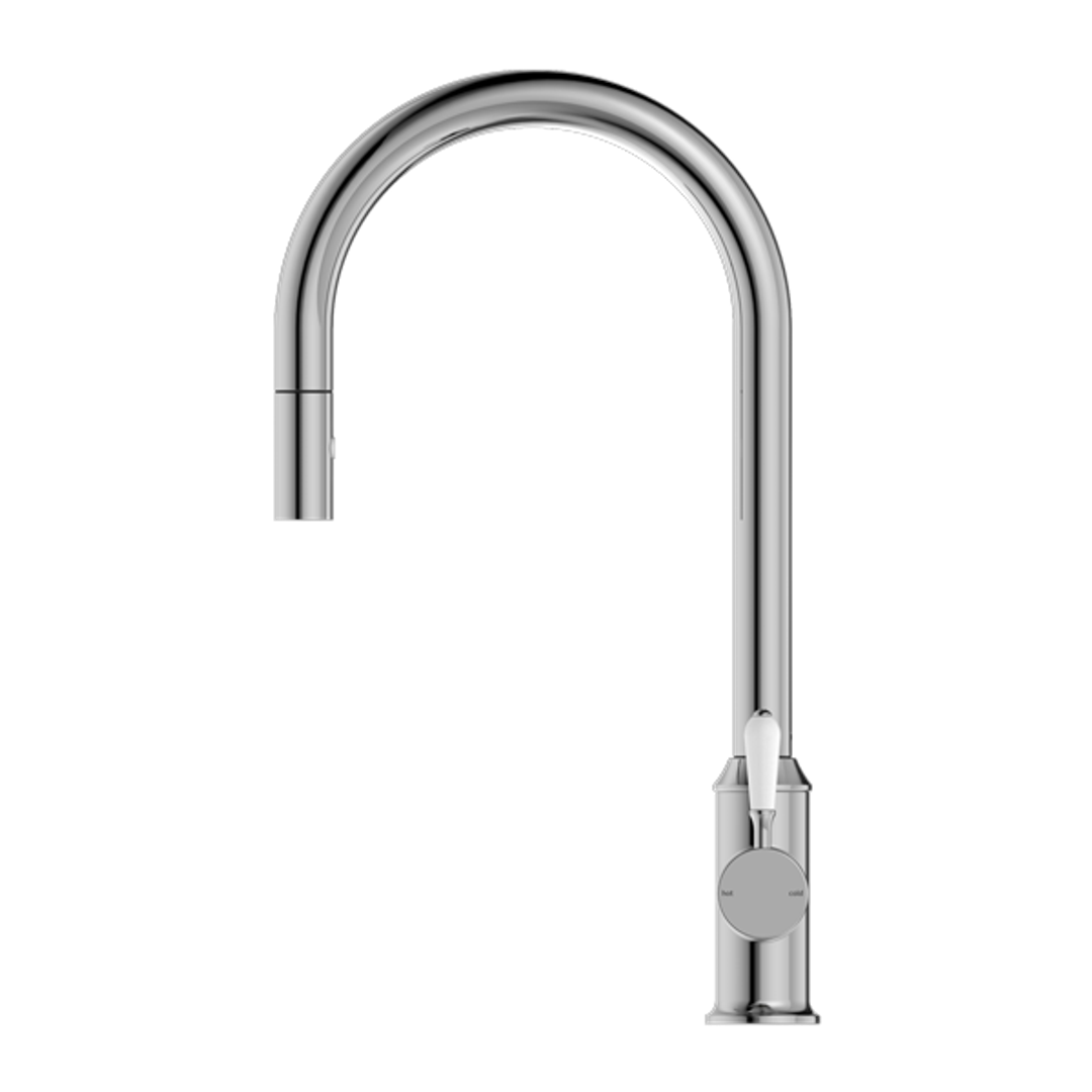 Nero York Pull Out Sink Mixer With Vegie Spray Function With White Porcelain Lever - Chrome
