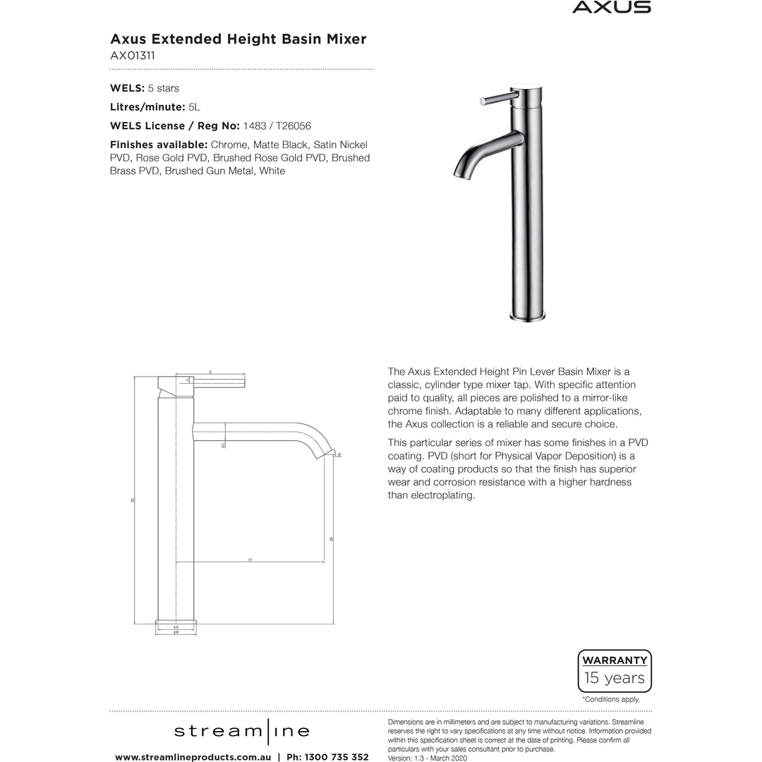 Axus Pin Lever Extended Height Basin Arcisan Streamline Mixer - Matte Black