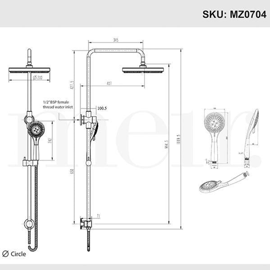 Meir Round Combination Shower Rail 200Mm Rose Single Function Hand Shower - Matte Black