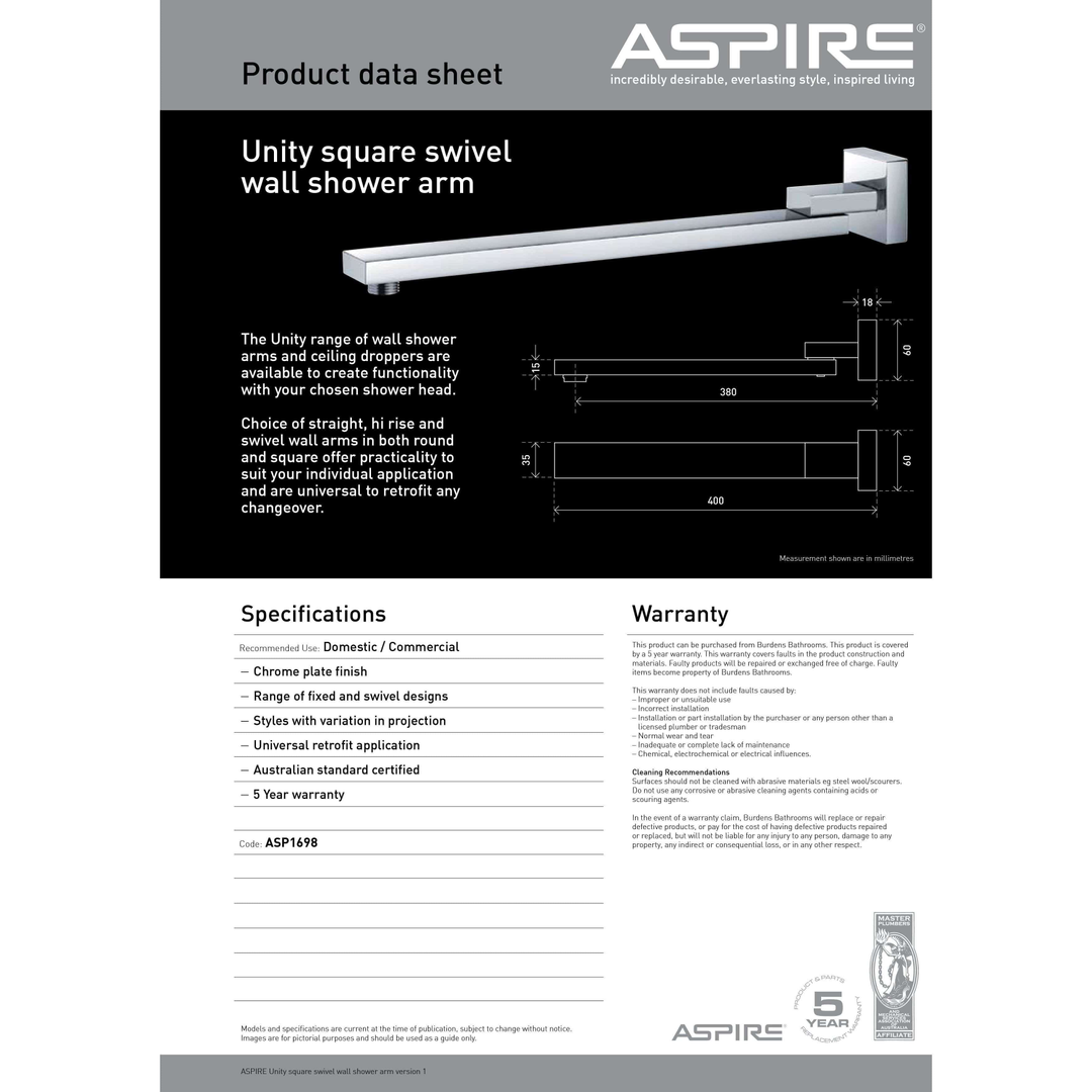 Aspire Unity Shower Wall Arm Swivel Square - Chrome