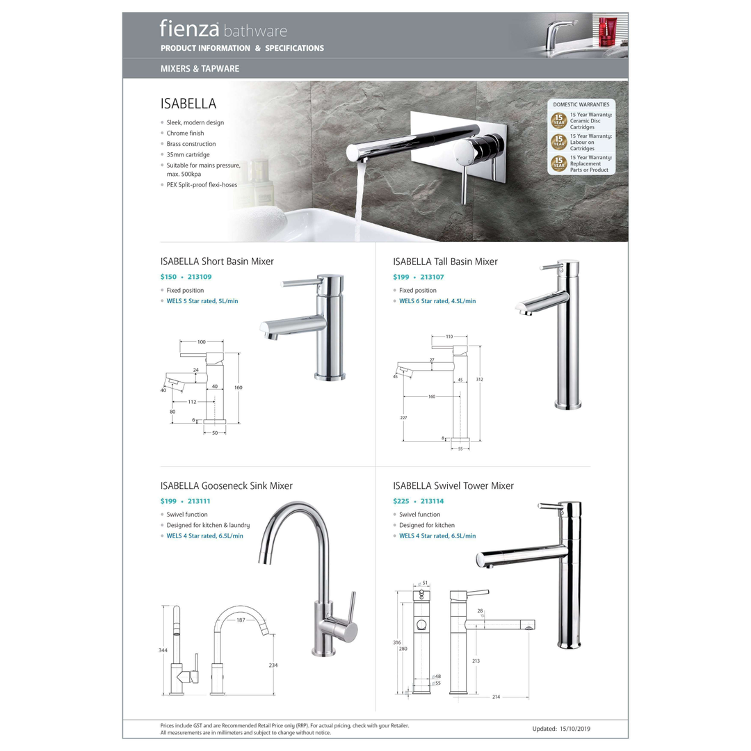 Isabella Bath Filler Inc Fienza Mixer With Shower Head Chro