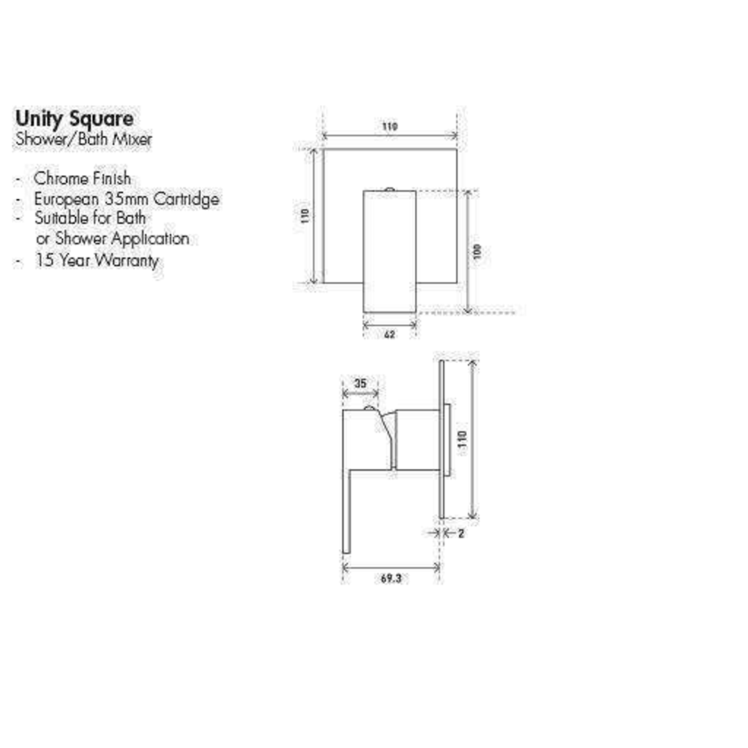 Aspire Unity Square Shower/Bath Mixer - Chrome