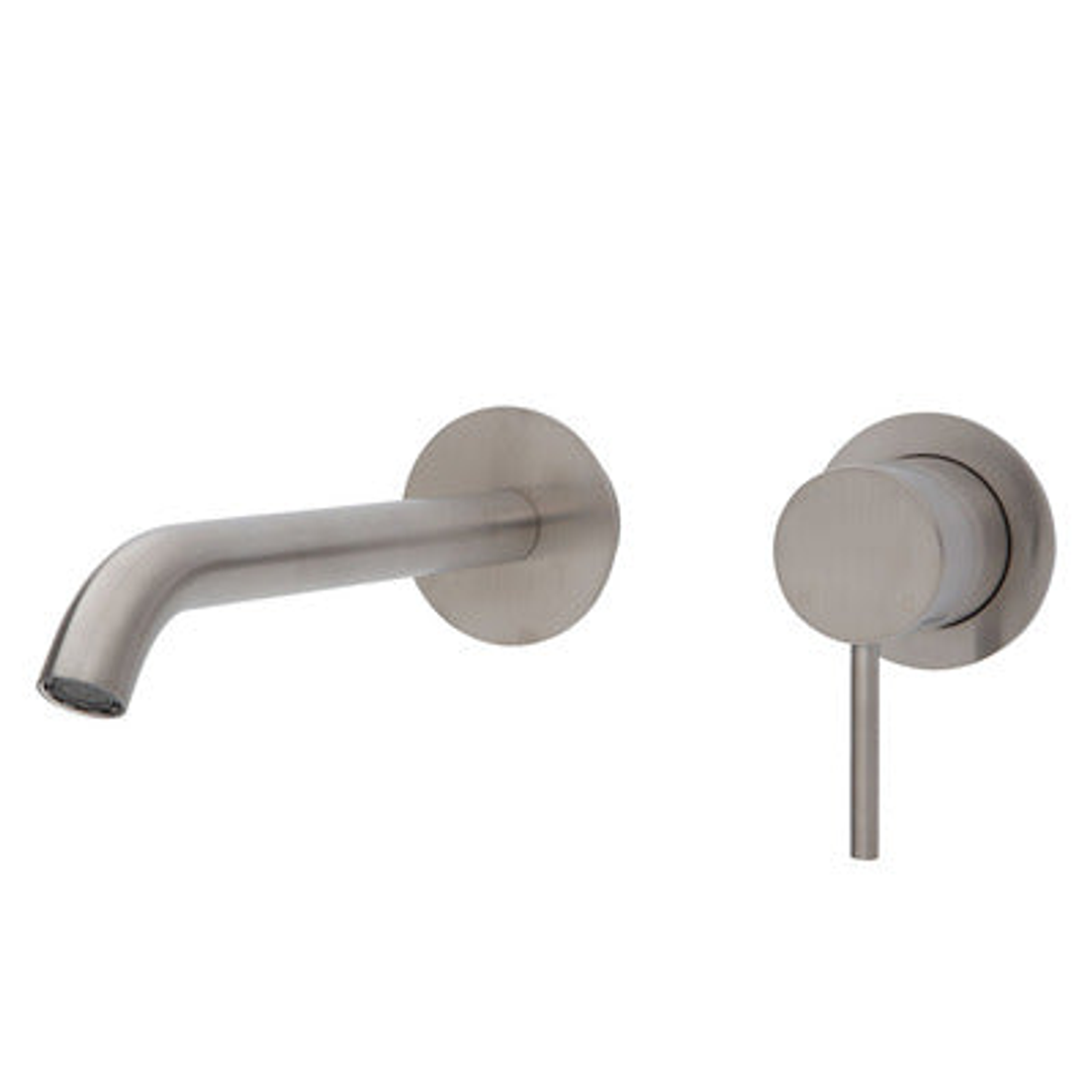 Fienza Kaya Basin/Bath Wall Mixer Set Round Plates 200mm Outlet - Brushed Nickel/Brushed Nickel