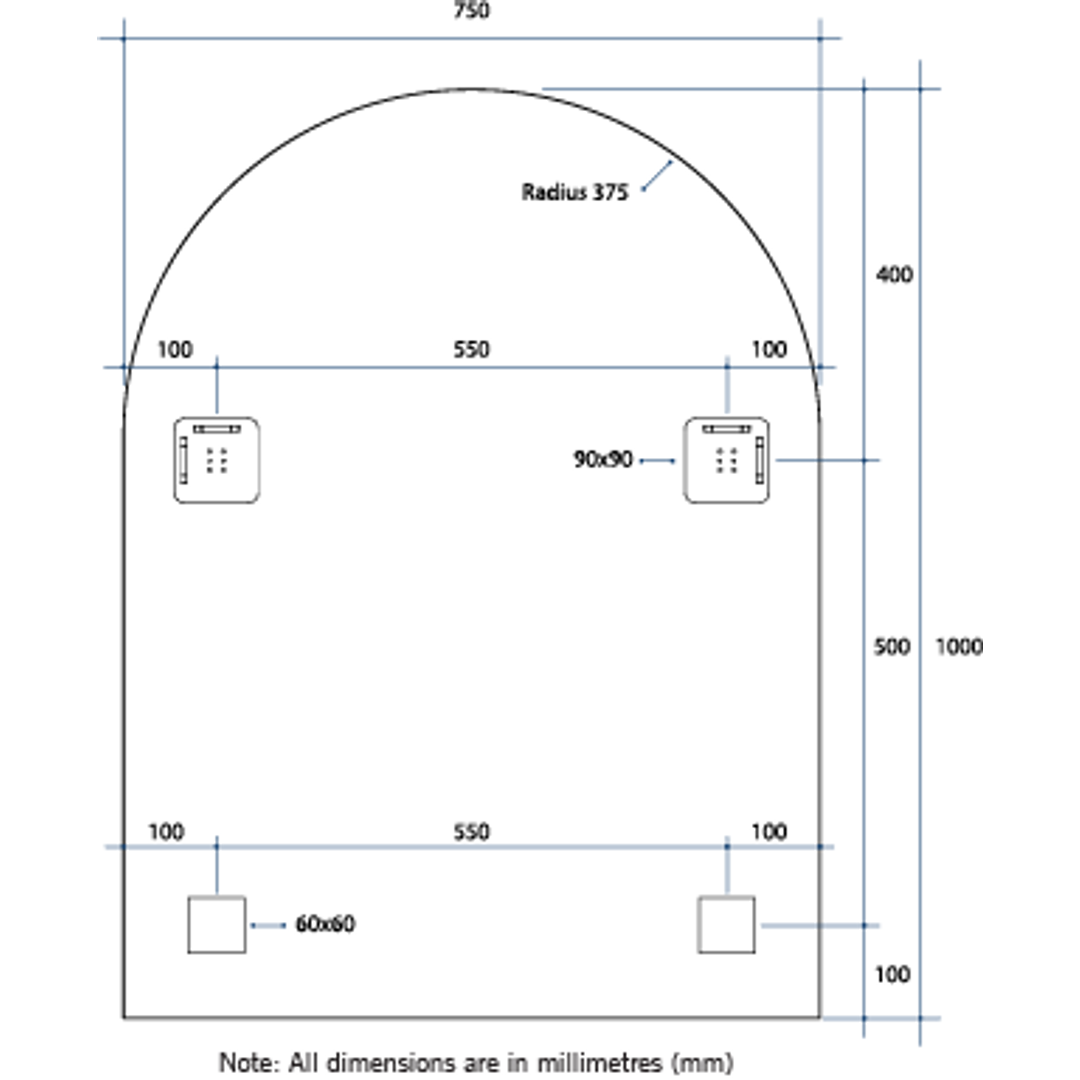 Thermogroup Aspen Polished Edge Arch Mirror 750x1000mm - Hangers