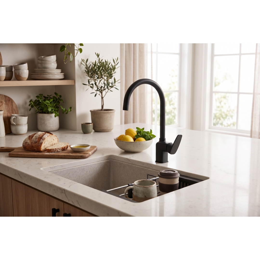 Aspire Midnight Gooseneck Sink Mixer Swivel - Matte Black