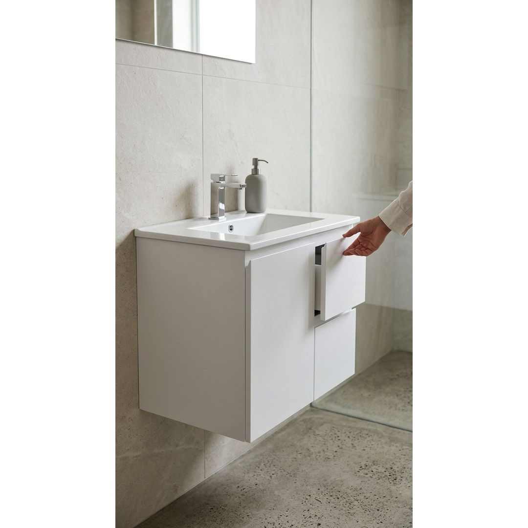 Aspire Unity II 750 Vanity 1 Tap Hole W/Hung C/W Sq Ceramic Top - White