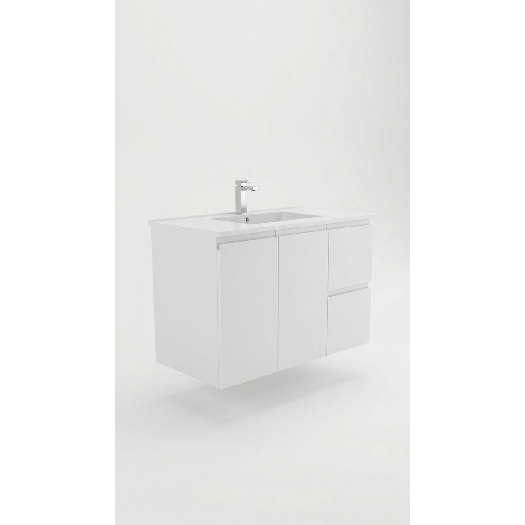 Aspire Unity II 900 Wall Hung Vanity 1 Tap Hole C/Q Sq Ceramic Top - White