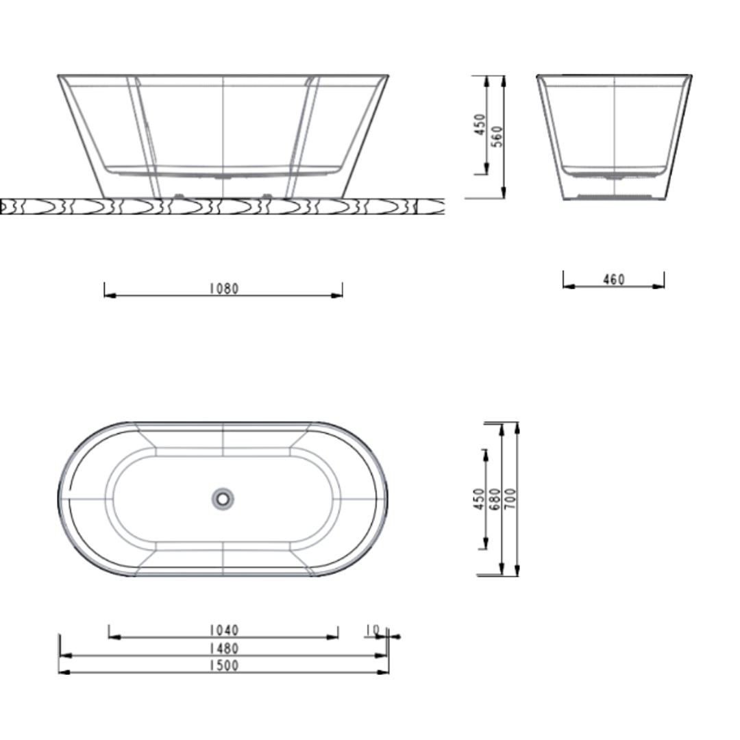 Aspire Urban III 1500mm Acrylic Freestanding Bath No Overflow - White 1500 X 750 X 560mm