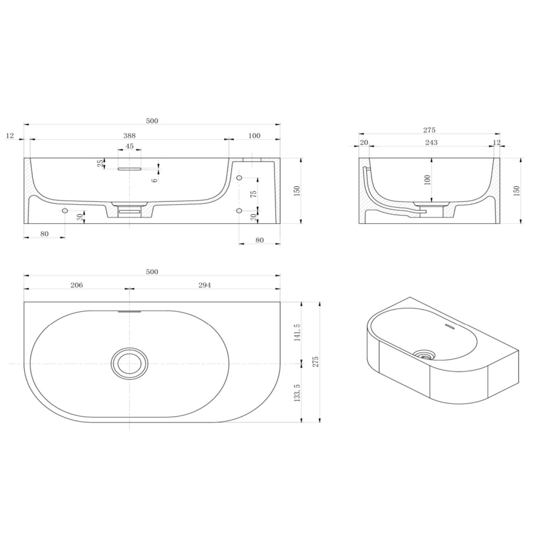 Bella Vista Elysia Right hand Basin 500 X 275 X 150mm - Neige