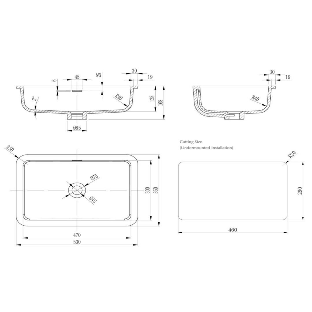 Bella Vista Thalios Undermount Basin 530 X 360 X 168mm - Matte White