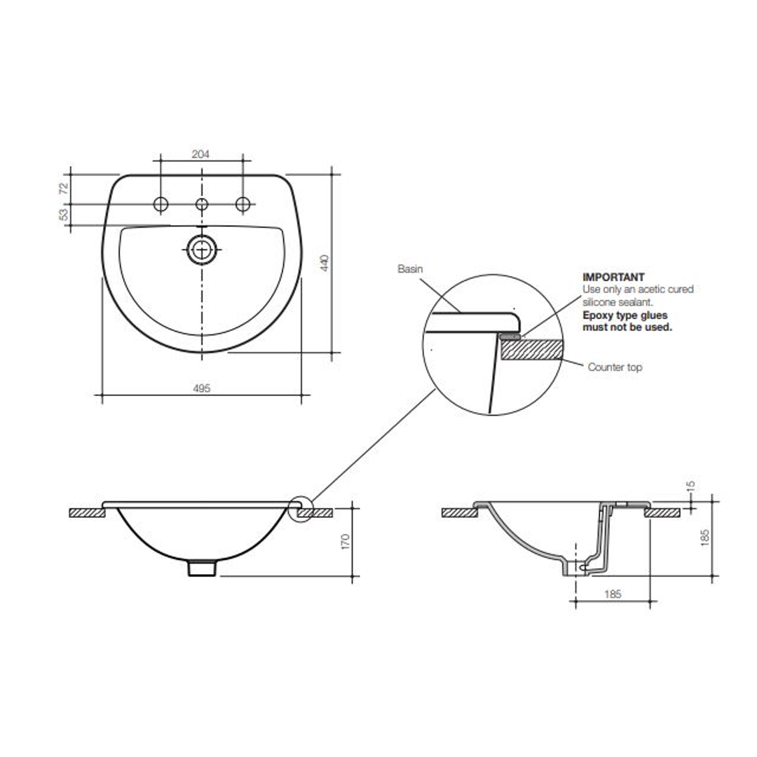 Caroma Cosmo Vanity Basin 500mm X 440mm 3th - White