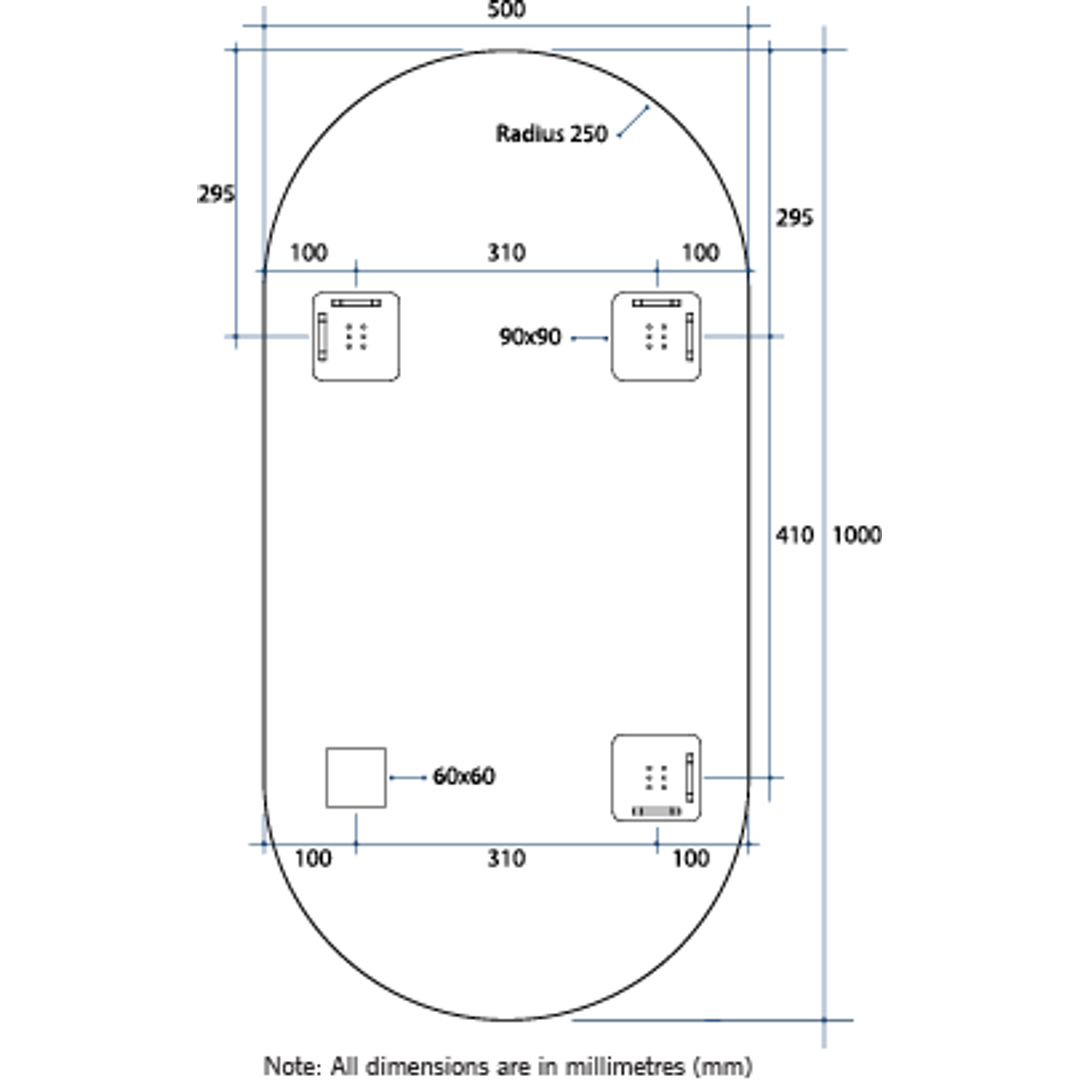 Thermogroup Pill Shape Polished Edge Mirror 500x1000x14mm - Hangers and Demister