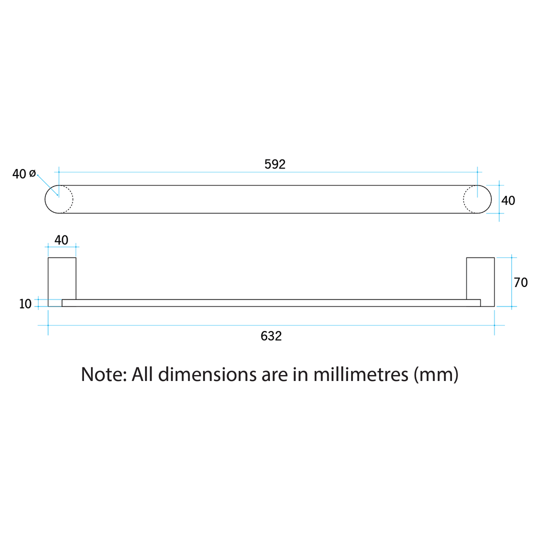 Thermorail Flat Pill Single Rail 632X40X70mm 13Watts - Brushed Stainless Steel