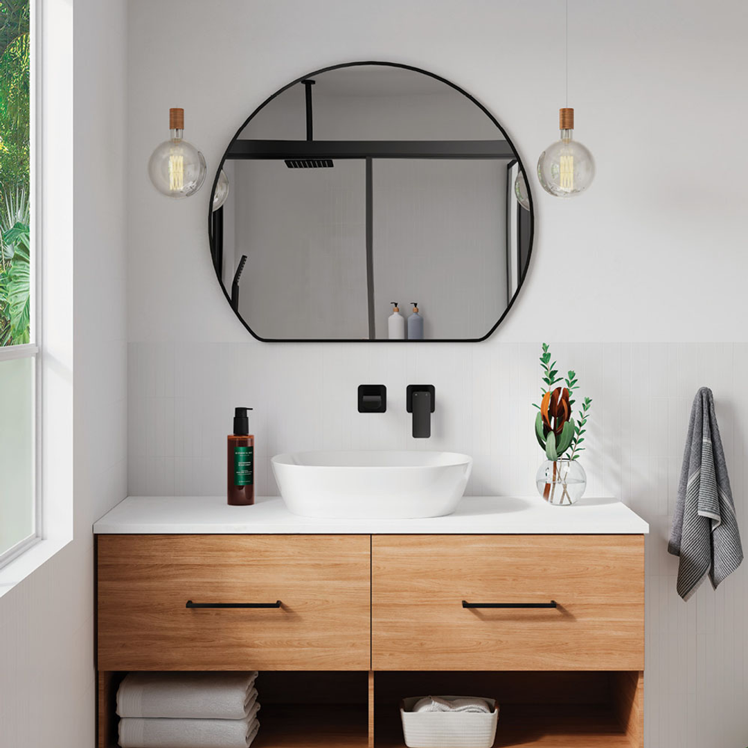 Fienza Sunrise Framed Round Mirror With Mounting Brackets 800X690Mm Matte Black