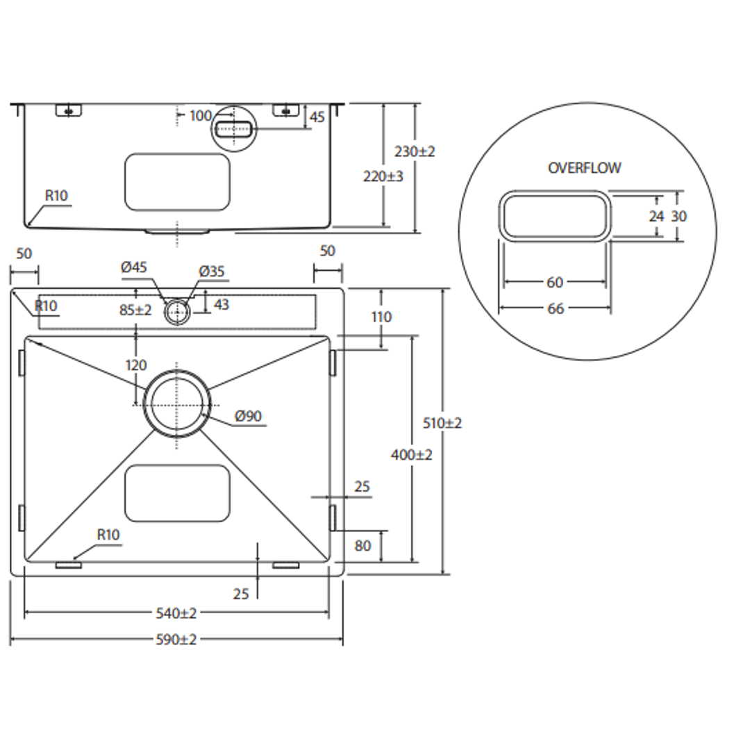 Fienza Hana 50L Topmount Laundry Sink - 1 Tap Hole, 590 x 510mm, Stainless Steel