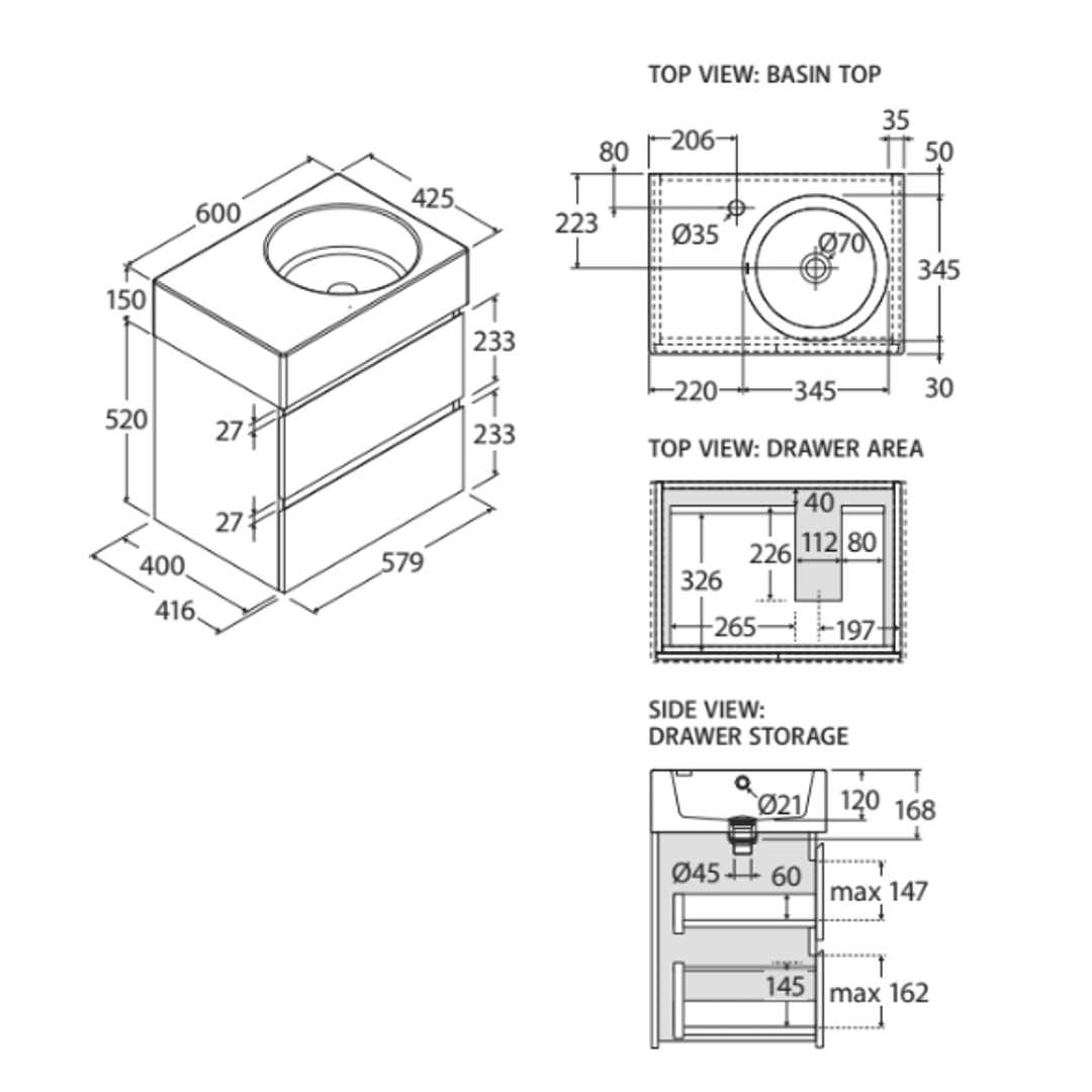 Reba 600 All Drawer Wall Hung With Right Bowl Fienza Basin