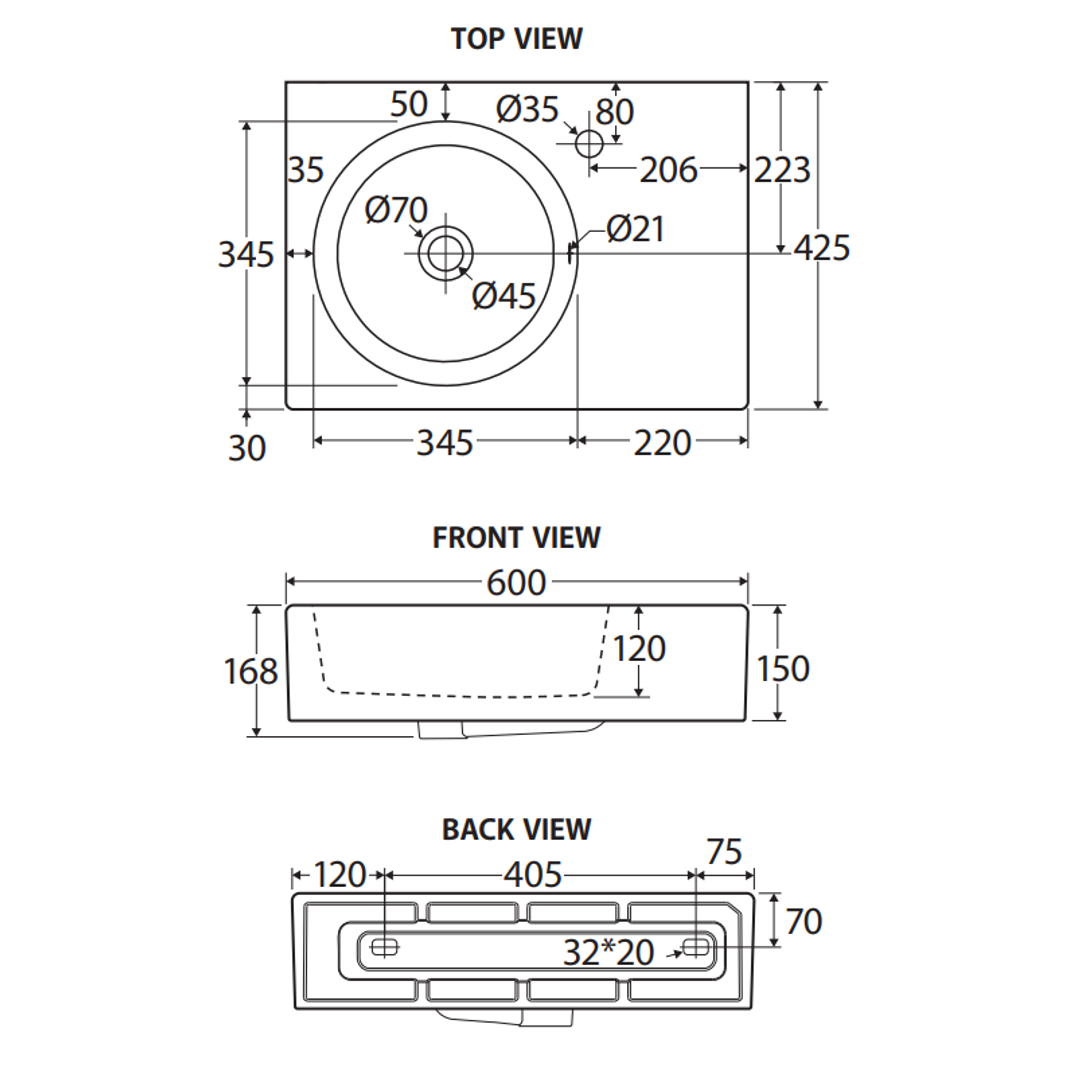 Reba Wall Basin Left Bowl Fienza - 1 Tap Hole