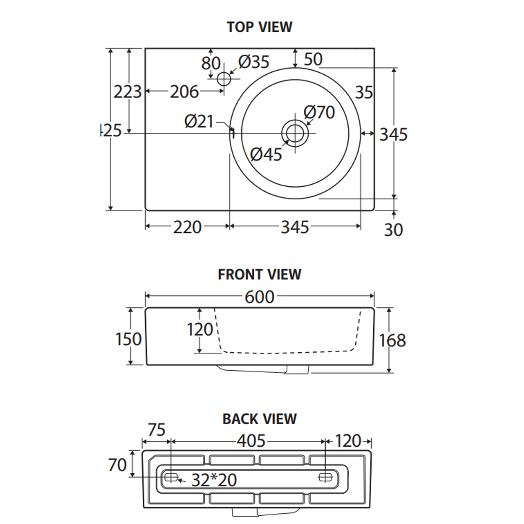 Reba Wall Basin Right Bowl Fienza - 1 Tap Hole