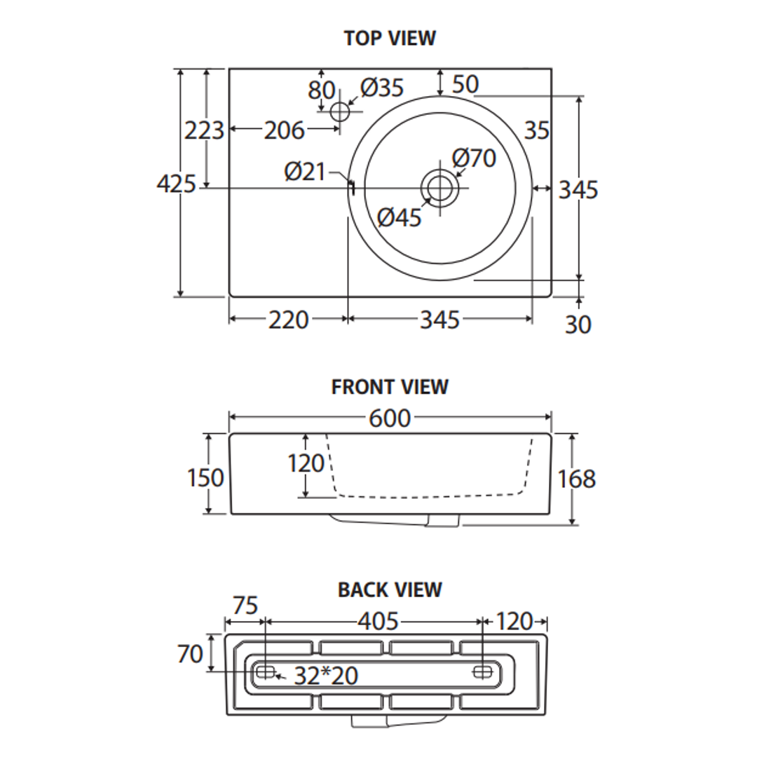 Reba Wall Basin Right Bowl Fienza - No Tap Hole