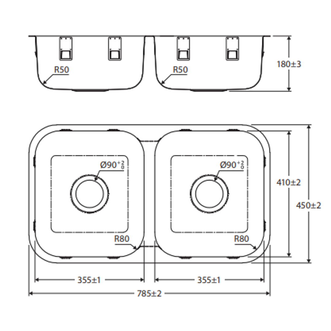 Fienza Tiva 785 Double Bowl Kitchen Sink - 23L+23L | Top or Undermount | 785x450mm
