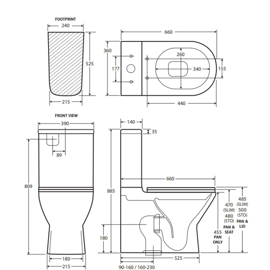 Fienza Tono Rimless Tornado S Trap 90-160 Btw Toilet Suite Slim Seat